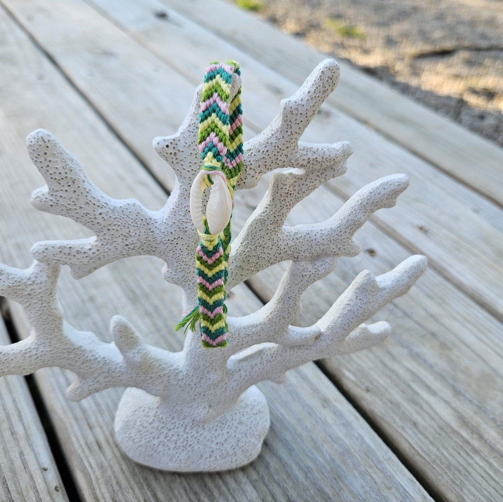 Handmade Chevron Shell Friendship Bracelet - Green, Pink & Cream